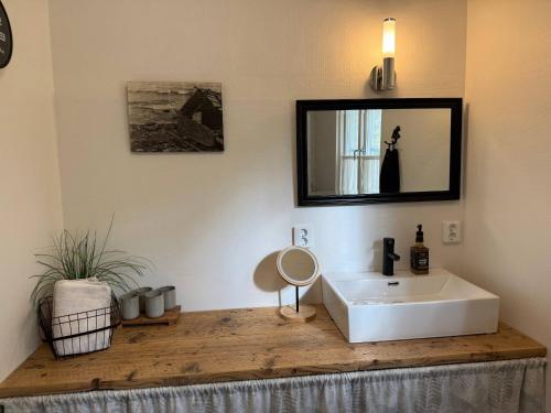 un bagno con un lavandino bianco e uno specchio di Spokhuset a Kättilstorp