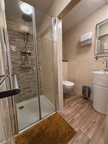 un bagno con doccia e WC di Gastenhuisje De Donk a Brandwijk