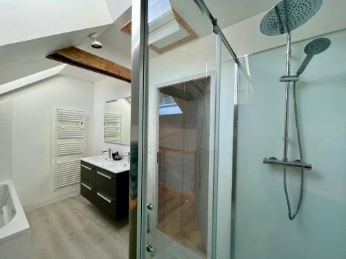 a bathroom with a shower and a sink at Bruisse in Les Iffs