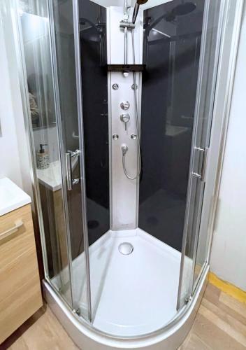 a shower with a glass door in a bathroom at Gîte cosy et paisible près de La Mongie in Campan