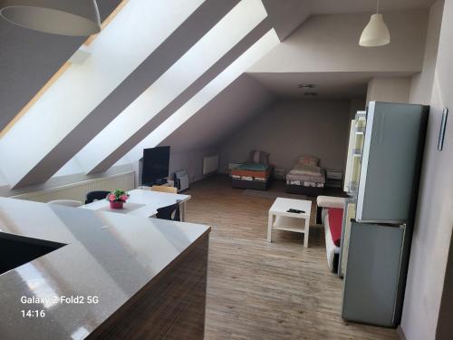 a kitchen and living room with a vaulted ceiling at Ubytovna Kadaň in Kadaň