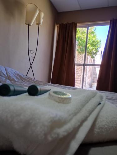 una camera da letto con un letto con una lampada sopra di Alojamiento Gral Alvear a General Alvear