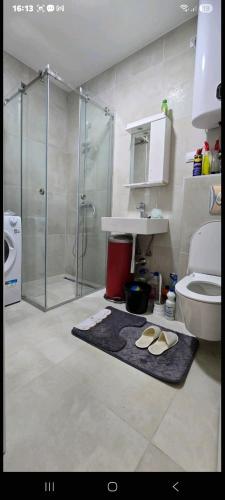 een badkamer met douche, wastafel en toilet bij Aerodrom apartman in Ledine