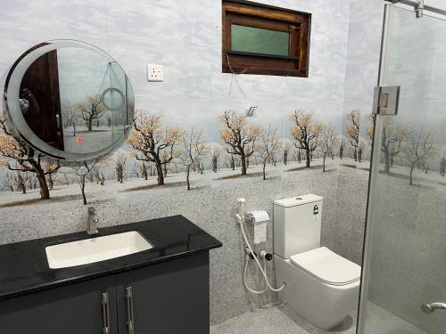 a bathroom with a toilet and a sink and a mirror at Kaarasaaram inn in Avarankal