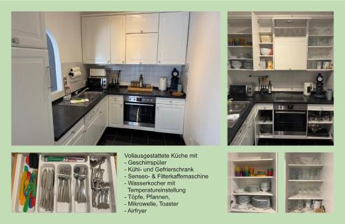 een collage van foto's van een keuken met witte kasten bij Bergtraum Schwimmbad, Sauna, Familienbett, Kinderbett, 2 Bäder in Bad Harzburg
