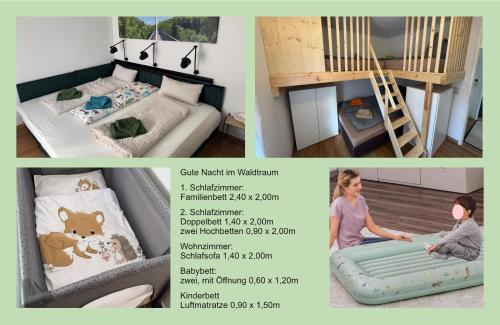 een collage van drie foto's van een kind in een slaapkamer bij Bergtraum Schwimmbad, Sauna, Familienbett, Kinderbett, 2 Bäder in Bad Harzburg