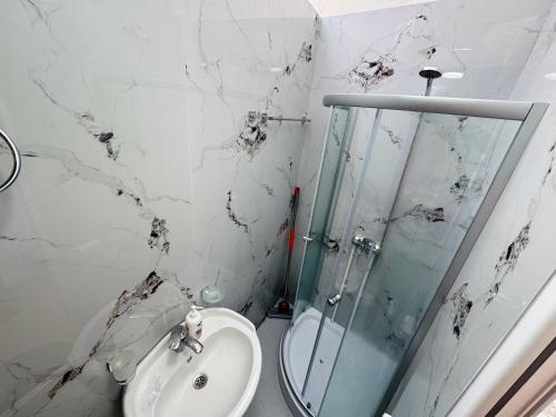 a bathroom with a sink and a glass shower at Buddy glamping Borjomi in Borjomi
