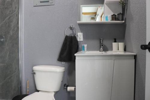 une salle de bain avec des toilettes blanches et un lavabo dans l'établissement Beachside 1BR Apartment Sleeps 4, à Vega Baja