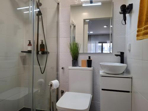 een badkamer met een toilet, een wastafel en een douche bij Zizas House Studio in Praia da Rocha