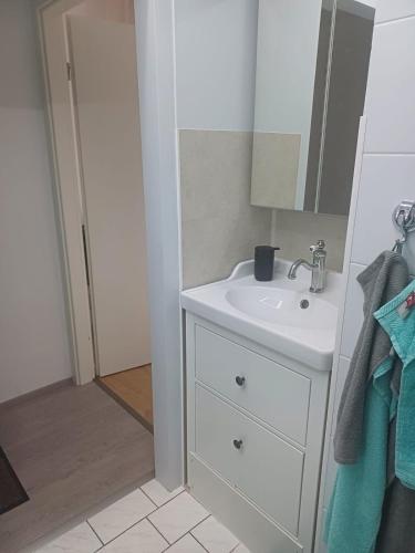 a bathroom with a white sink and a mirror at Gästewohnung Illa in Meerbusch