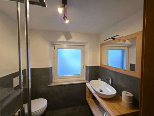 a bathroom with a sink and a toilet and a window at Villa Flora by AMA Val di Fassa in Canazei