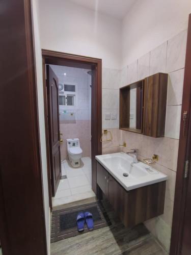 a bathroom with a sink and a toilet and two blue shoes at العروسة للشقق المخدومة in Tabuk