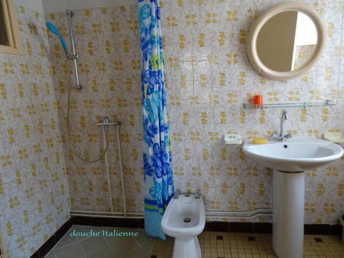 een badkamer met wastafel, douche en toilet bij Les hirondelles de montsec in Pampelonne