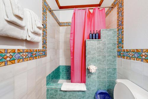 a shower with a pink shower curtain in a bathroom at Poseidon House in Riversdale