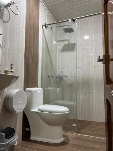 a bathroom with a toilet and a glass shower at Hotel Villalva, Cucunuba Cundinamarca in Cucunubá