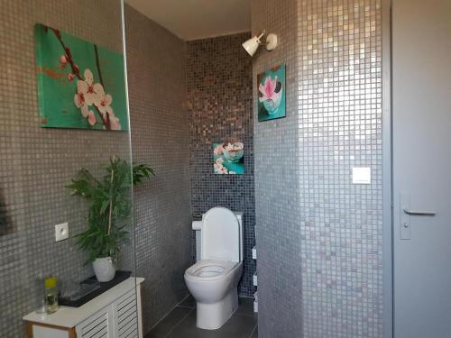 een badkamer met een toilet en een tegelwand bij Me kasa in Agde