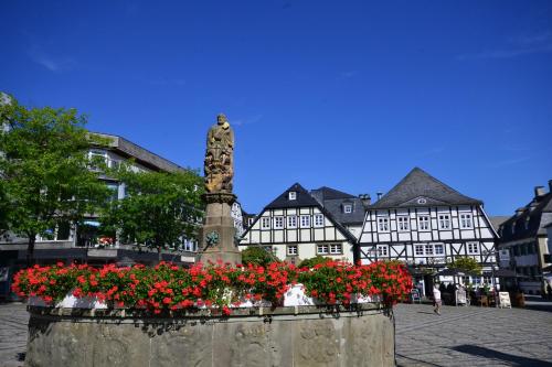 a group of buildings with a statue and flowers at Altstadt-Chalet @Conny's in Brilon