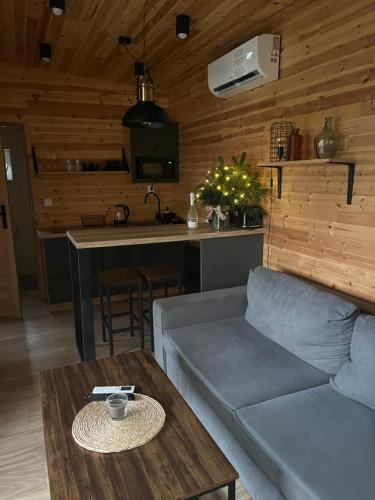 een woonkamer met een bank en een tafel bij Domki Rewal kalimera-sun in Rewal