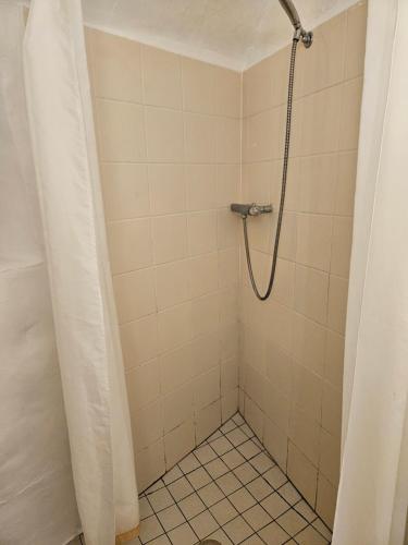 eine Dusche mit Duschvorhang im Bad in der Unterkunft La maison d'Angèle in Sainte-Eulalie-du-Cernon