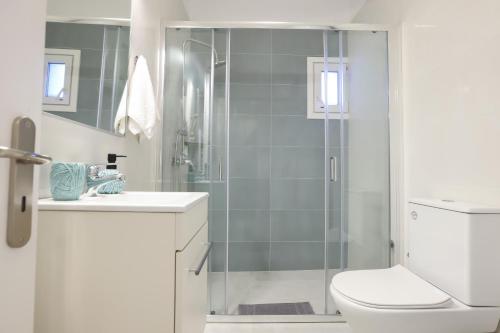a bathroom with a shower with a toilet and a sink at Smart Home Corfu 4 in Alykes Potamou