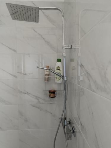 a shower in a bathroom with white marble at Alexia Room in Funchal