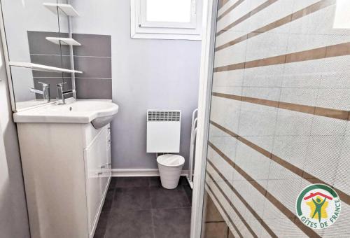 une petite salle de bain avec un lavabo et un miroir dans l'établissement Le flamant rose, à Candillargues