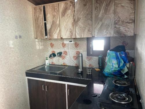 a small kitchen with a sink and a stove at Cloudscape Cottage in Shimla
