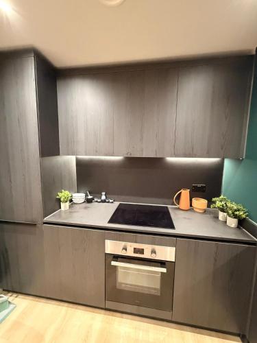 a kitchen with a stove and a sink in it at Luxury 2bed flat around Manchester Victoria St in Manchester