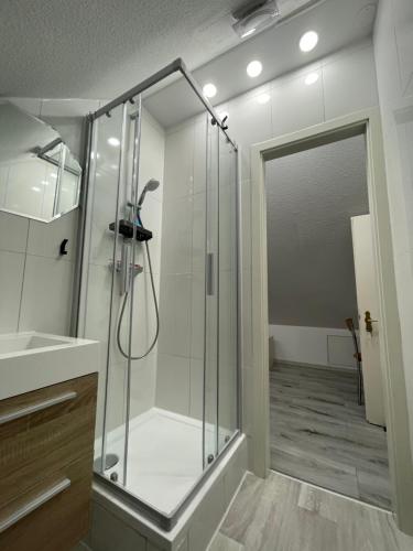 een badkamer met een glazen douche met wastafel bij Casa da Peppe Schöne Auszeit im Schwarzwald in Calw