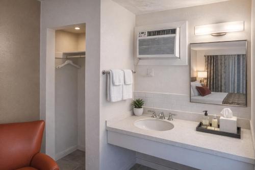 een badkamer met een wastafel en een spiegel bij Queens Lodge Motel in West Palm Beach