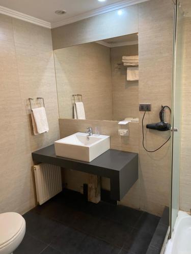 een badkamer met een wastafel en een douche bij Hotel Stella in Talca