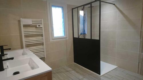 une salle de bain avec douche et lavabo dans l'établissement Le grand gite de souels, à Almayrac