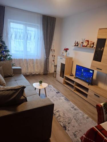a living room with a christmas tree and a television at Lily Ap in Lupeni