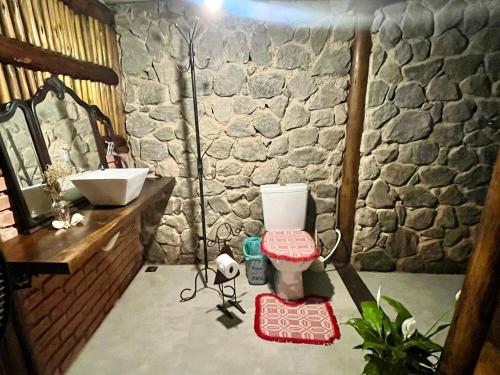 a bathroom with a toilet and a stone wall at Pousada Magia da Mata in Trindade