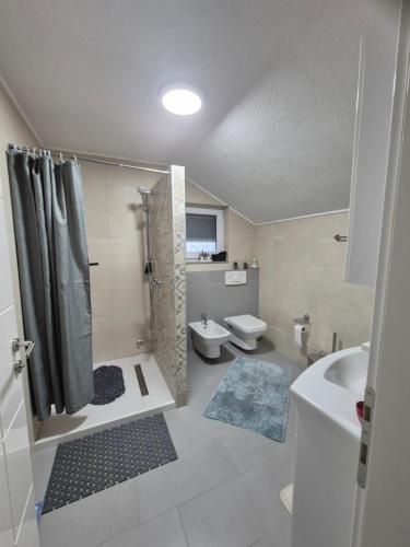 een badkamer met een douche, een toilet en een wastafel bij Apartman IN in Bihać