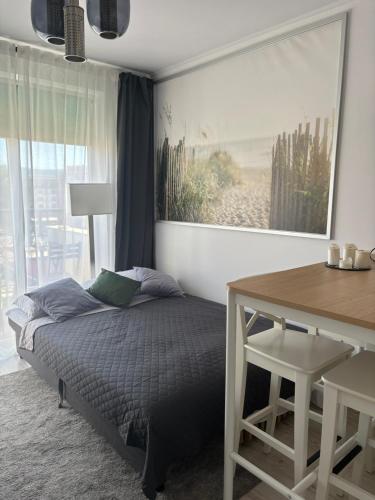 ein Schlafzimmer mit einem Bett, einem Schreibtisch und einem Tisch in der Unterkunft Villa Valencja Apartments in Sonnenstrand