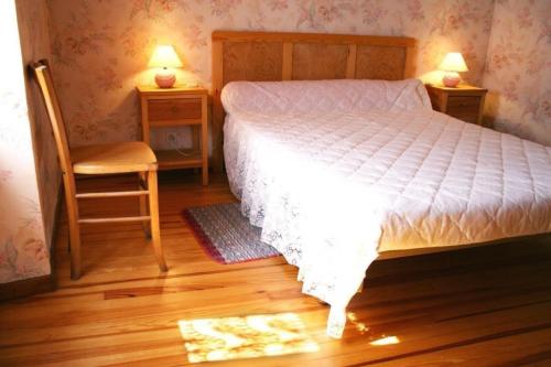 a bedroom with a bed and a chair and two lamps at Le gite de cals haut in Lacombe