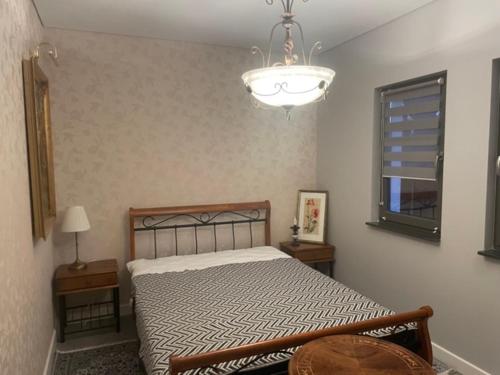 a bedroom with a bed and a chandelier at Dom Berry in Chrzanow
