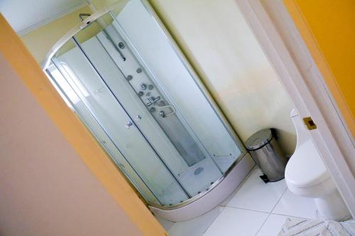 a glass shower in a bathroom with a toilet at Hostal Turpial Patagonia in Puerto Natales
