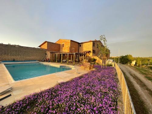 a house with a swimming pool and purple flowers at Podere Stabbia in Rosennano
