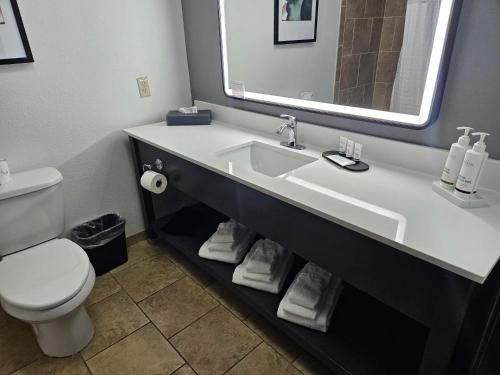un bagno con lavandino, WC e specchio di La Quinta Inn & Suites by Wyndham Minot a Minot