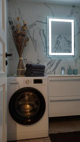 a washing machine with a vase on top of it at Keila Round View Apartment in Keyla