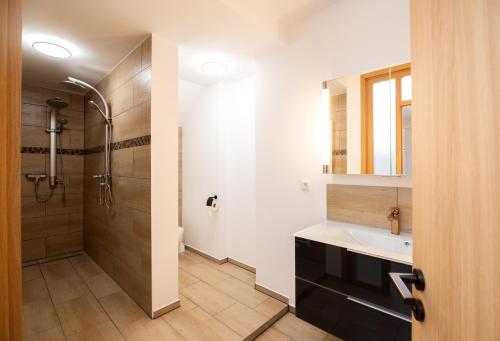 a bathroom with a sink and a shower at Private Paradise Nuremberg in Nuremberg