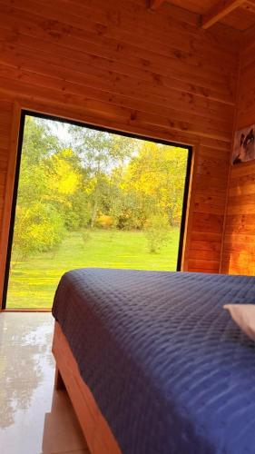 a bed in a room with a large window at Casa Oregon Pucura in Traitraico