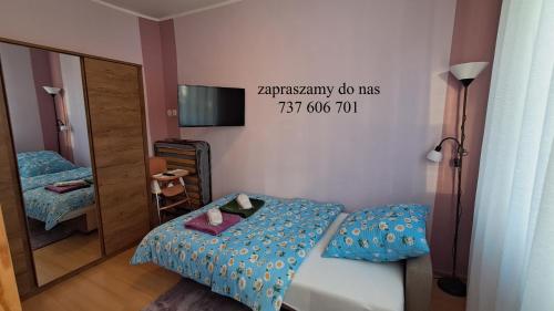 een kleine slaapkamer met een bed en een spiegel bij przy Zamku Ryn in Ryn