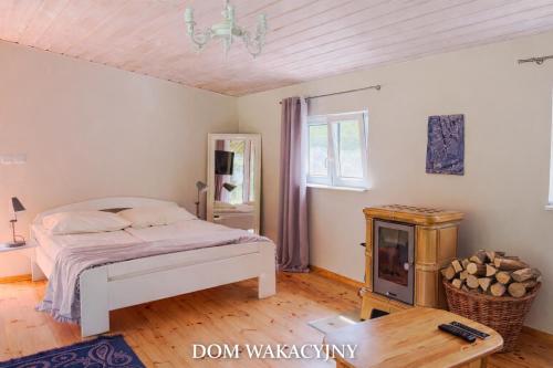 a bedroom with a bed and a fireplace at Domek w Dolinie Drwęcy in Lubicz