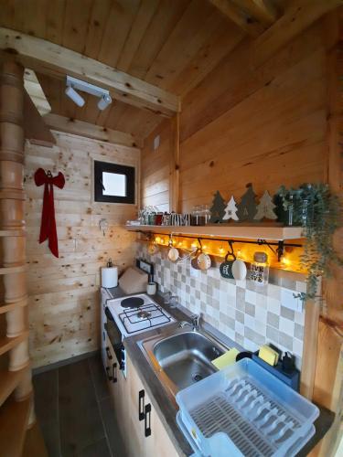een keuken met een fornuis en een wastafel in een huisje bij Vikendica Neven 3 in Popovići