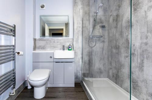a bathroom with a toilet and a sink and a shower at Glastonbury Centre 2 Bed with on street Parking in Glastonbury
