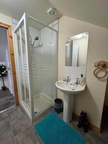ein Badezimmer mit Dusche, Waschbecken und Spiegel in der Unterkunft An Cuiltheann Apartment in Turriff