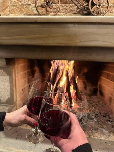 two people holding wine glasses in front of a fireplace at Castle Rozafa Scutari in Voskopojë